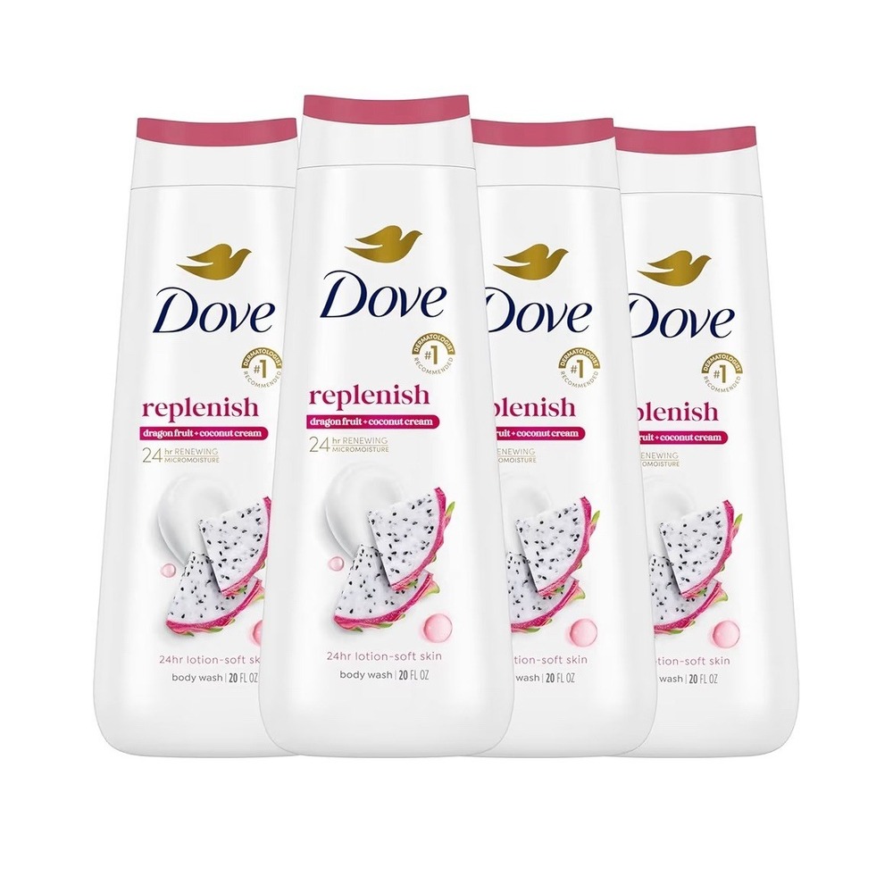 Dove Body Wash 4 Count‎ for 24hr Lotion-Soft Skin Replenish Dragon Fruit & cocon